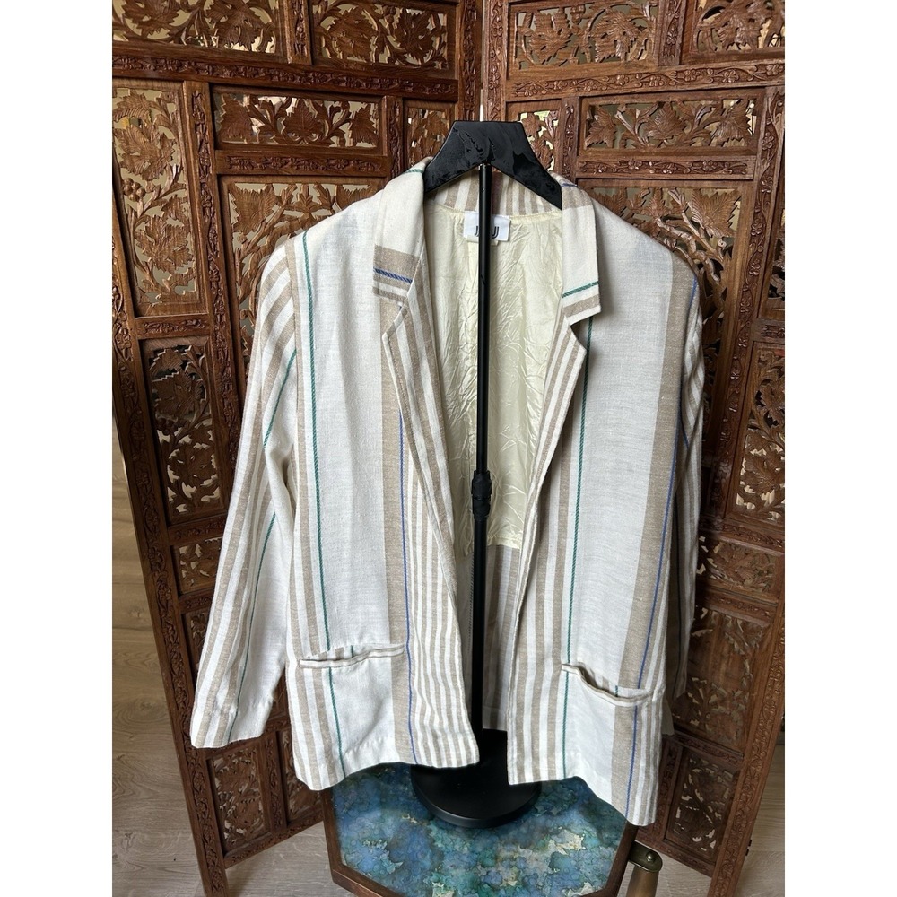 jbJ Striped Linen Blend Blazer | Neutral Oversized Jacket Made in USA | Size 14